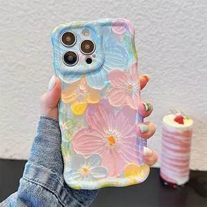 Case for iPhone 16 15 Pro Max 14 13 12 11, Colorful Retro Oil Painting Flower Cute Floral Aesthetic Curly Laser Glossy Reflective Exquisite Stylish Cover Girly Women Wave Frame Edge Exquisite Phone Cover Stylish Durable TPU Protective Case