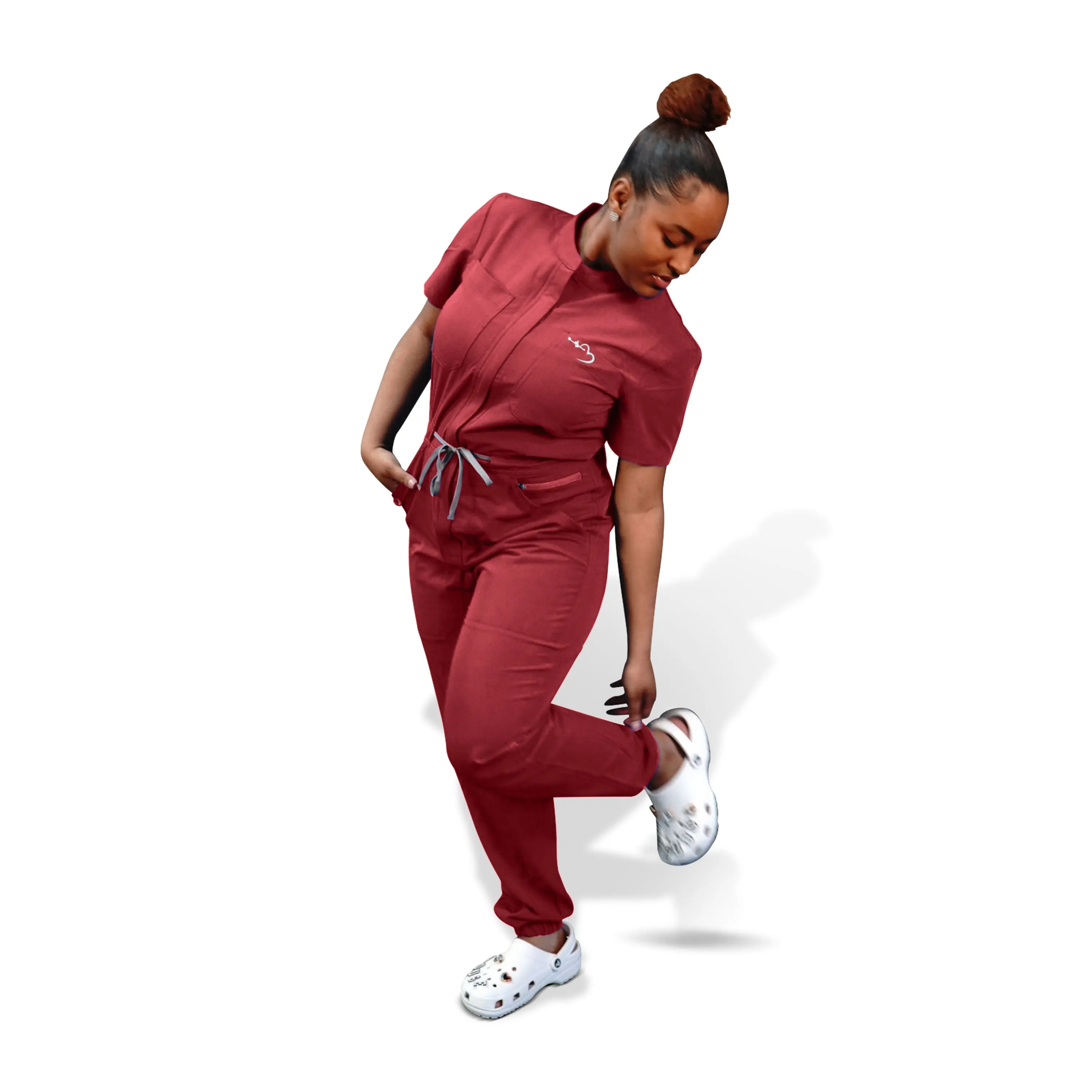 House of Scrubs Women's Burgundy Fitted Short Sleeve Romper Jumpsuit for Summer Workwear Casual Style Healthcare Uniform Womenswear Garment