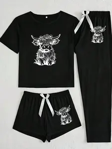 Highland Cow Three-Piece Home Set, Cartoon Pattern, Loose-Fitting Casual Wear, All-Season Comfortable, Ideal for Daily Use