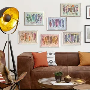 6pc Modern Boho Living Room Decor | Minimalist Lounge with Brown Leather Sofa, Feather Wall Art & Brass Floor Lamp, Cozy Green Plant Accents