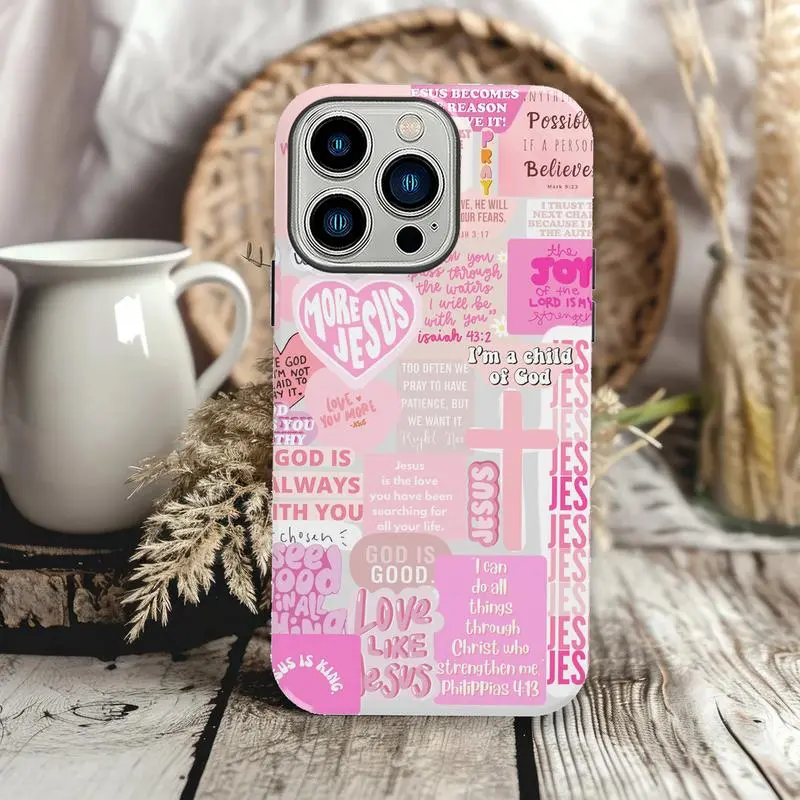 Magsafe Pink Christian iPhone Case, Jesus Love You Bible Verse Phone Case, Cute and Trendy Aesthetic Case For iPhone 16-11 Pro Max 1410-02 Durable