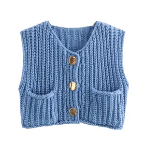 Womens Crochet Chunky Knit Top Cute Crewneck Sleeveless Button Down Crop Tops Trendy Cardigan Sweater Vest for Women with Pockets