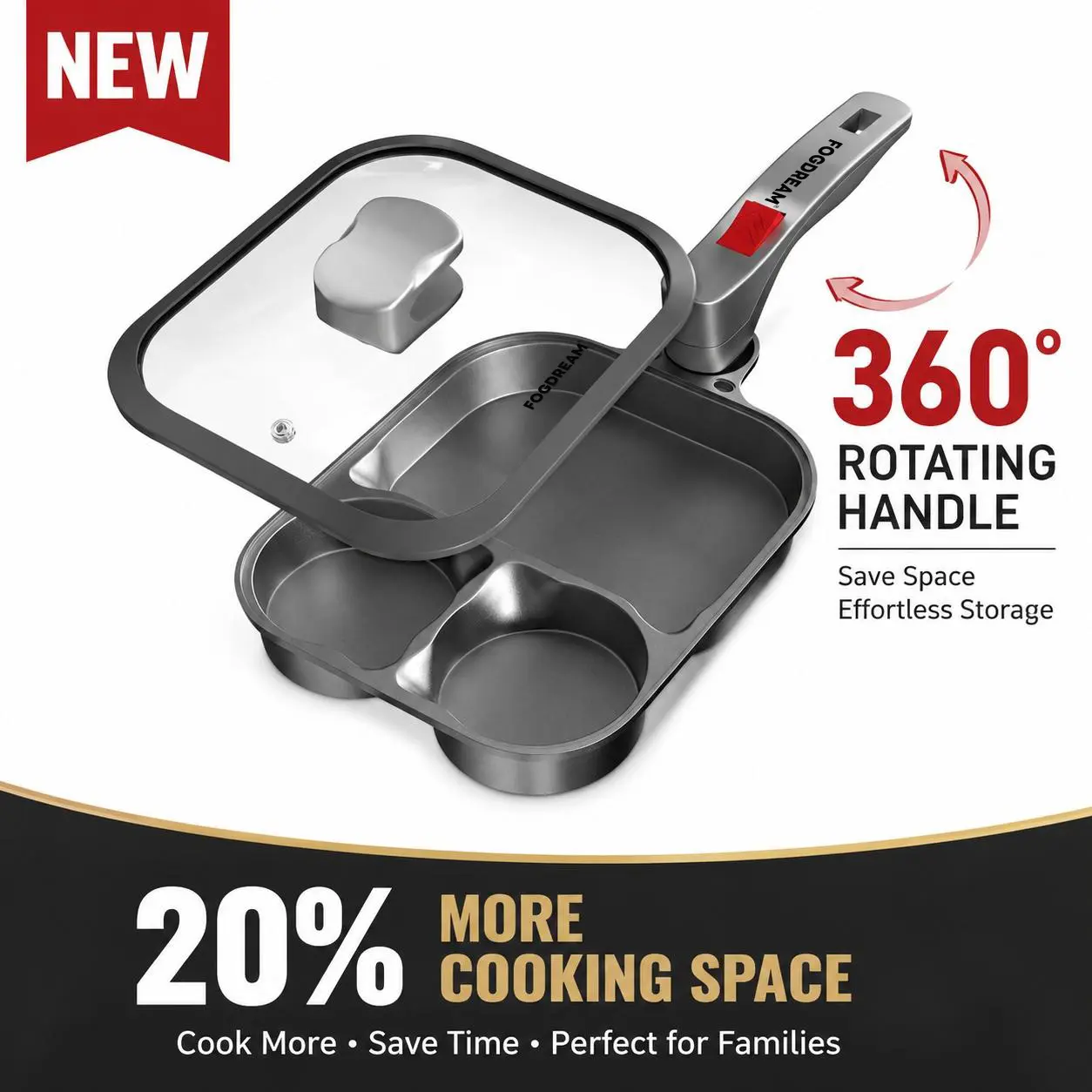 Fogdream 360° Twist Handle Non-Stick Hybrid Cookware Pan - Detachable, Thermal, 3-Section Deep Oblong Shape, Large Capacity, Quick Cooking, Lid Included, Family-Friendly, Space-Saving, Dishwasher-Safe, Easy to Clean (Ideal for Breakfast/Pancake)