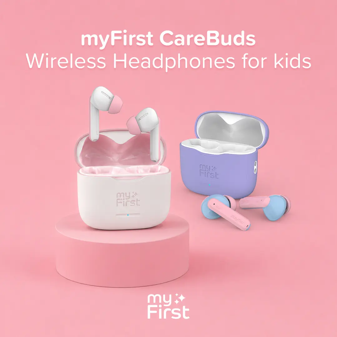 myFirst CareBuds Kids Wireless Earbud Set, Bluetooth 5.3 Audio Earbuds with 85dB Safe Volume Limit, Built-in Microphone, 25H Playtime, USB-C Charging, Water Resistance, Lanyard Compatible, Stable Connection, for School & Online Learning