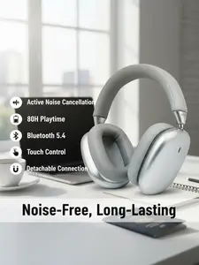 Wireless Headphones with Active Noise Cancelling, 80H Playtime, Bluetooth 5.4, Earbuds Wireless, Mic & Touch Control for Work, Travel, Office Use Detachable Connection