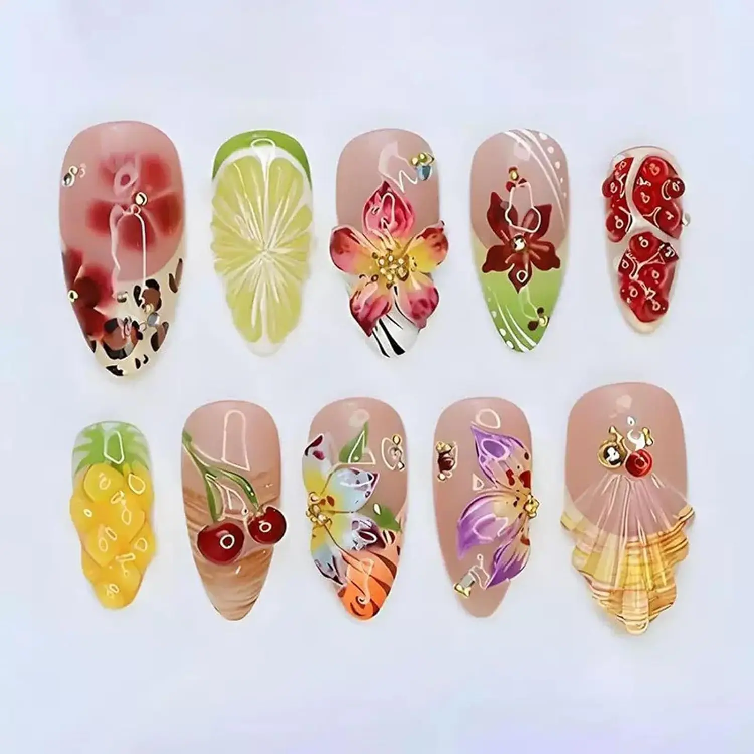 Handmade Press on Nails Medium Almond Fake Nails French Tip False Nails with 3D Gold Beads Unique Flower Fruit Designs Petal Glossy Glue on Nail Reusable Acrylic Nails for Women