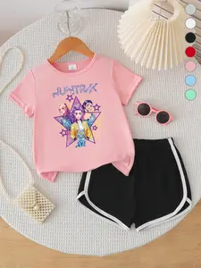 Summer Girls Casual Sports Short Sleeve Tees Shorts Set, Outfit, Hntrx Theme Print, Loose Fit Comfortable, Clothes, Tops, Suitable for 2-7 Years Old