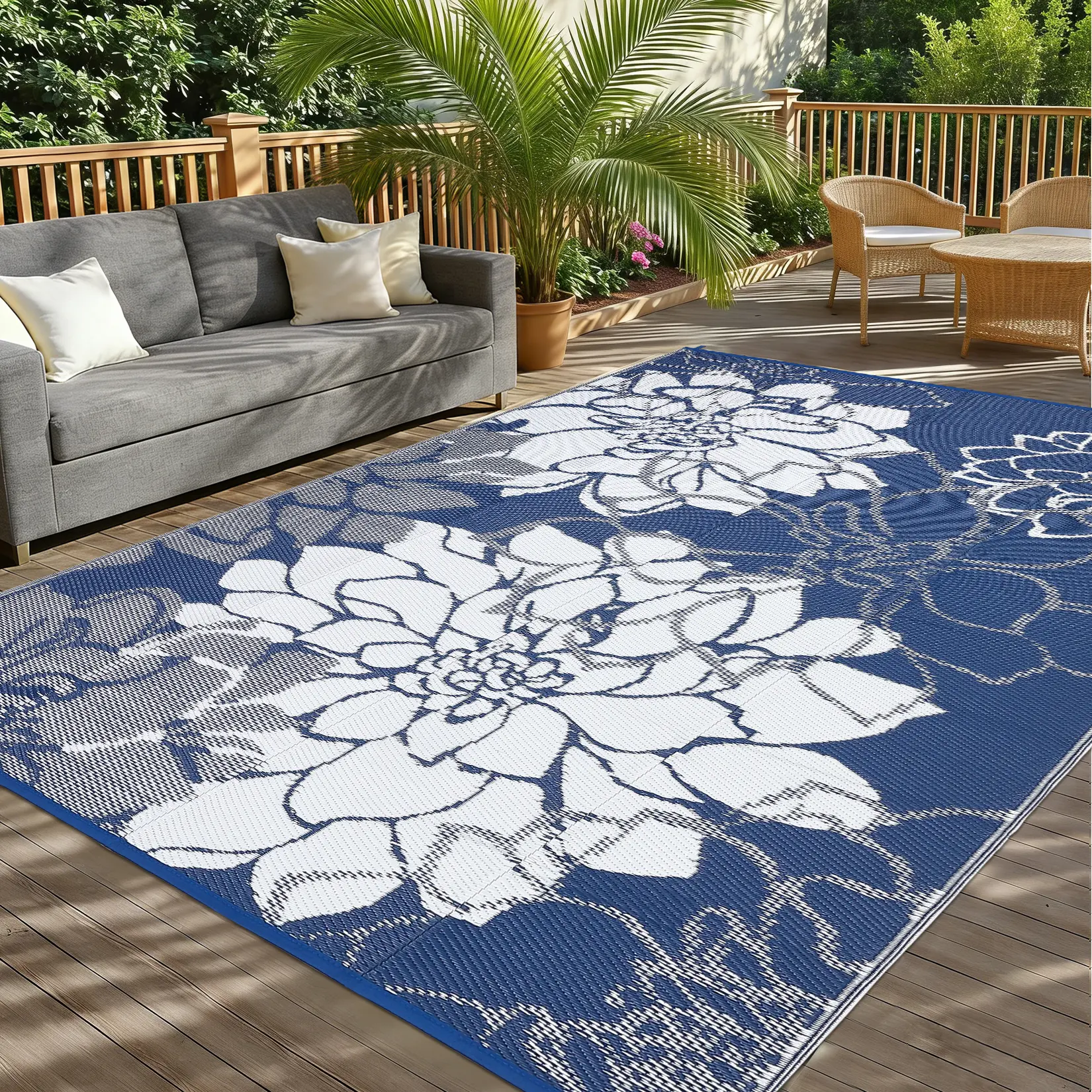 Portable Outdoor Plastic Woven Carpet - 8*10ft/9*12ft, Durable Flat Weave, Double-Sided Reversible, Lotus Flower Pattern, Non-Slip, Easy-to-Clean Mat for Patios, Beaches, RVs, Geometric