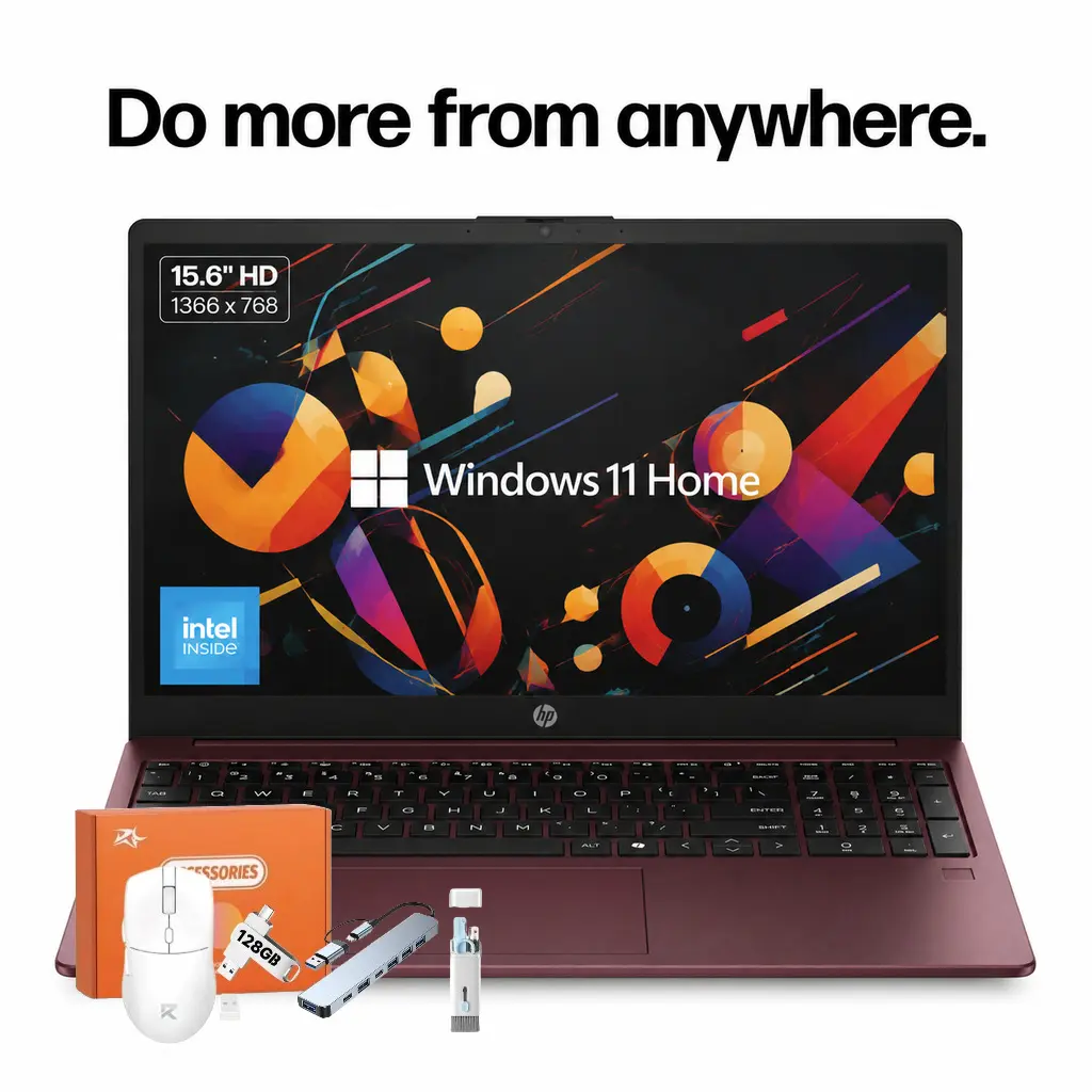 HP 15.6" Portable Laptop (Portable Workspace), HD Display, Intel Quad-Core N200 CPU, 4/8/16GB RAM, 128GB PCIe SSD, Wi-Fi 6, Webcam, HDMI USB C, Numeric Keypad, Built-In Li-Ion Battery, Windows 11 Home, Glimmer Garnet