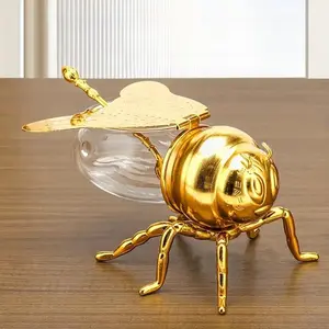 Honey Jar with Spoon & Lid, 1 Count European Classic Style Honey Bee Shaped Glass Honey Jar, Elegant Kitchen Condiment Container, Bottles