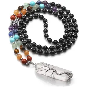 Natural 7 Chakras Healing Crystals Necklace Wire Wrapped Clear Quartz Stone Pendant Healing Pointed Reiki Energy Balancing