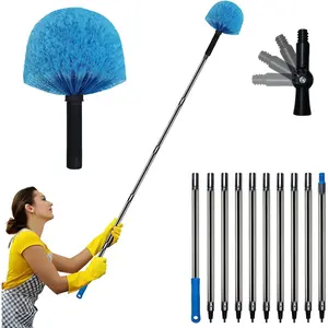 12 Ft Duster, Cobweb Duster with Extension Pole, Medium Stiff Bristles Cobweb Duster Head & 12-Feet Stainless Steel Pole Ceiling Fan Duster with Universal Joint for Outdoor Indoor Cleaning