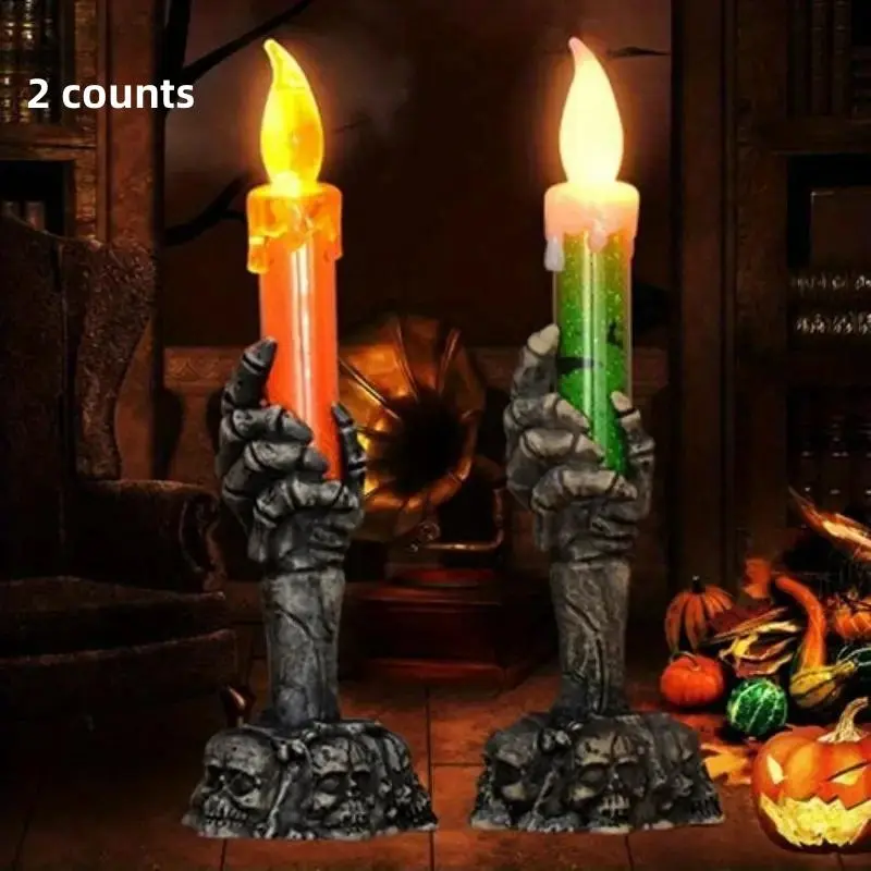 2-Piece Halloween Skeleton LED Candle Holder Set, Flameless Skull Ghost Battery-Operated Candles for Party & Bar Decor