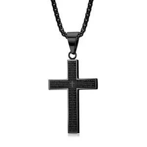 Gold/Silver/Black Tone Cross Pendant Necklace - 3mm Cuban & Box Link Chains , Christ Religious Jewelry for Men & Boys