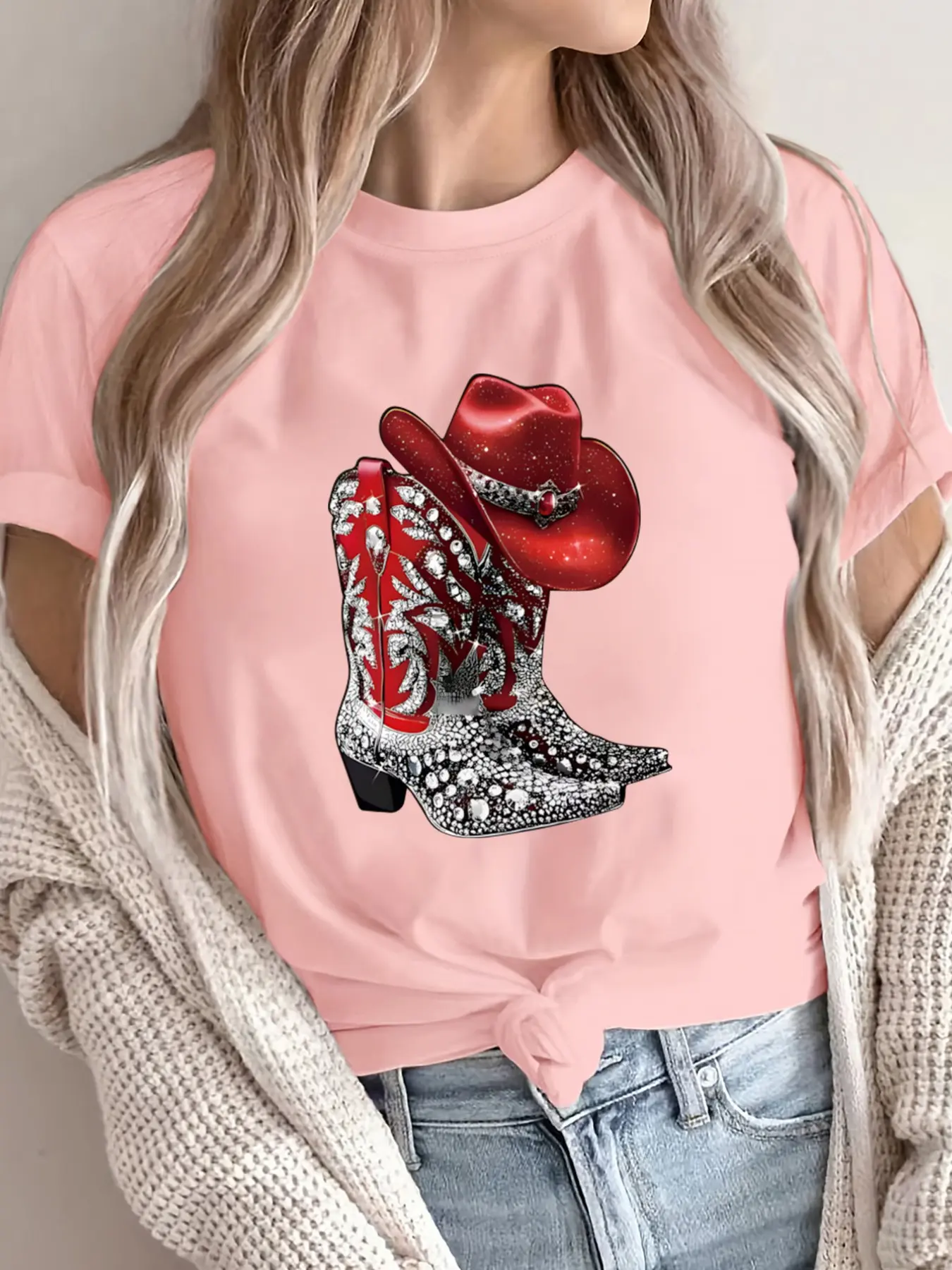 Women's Round Neck Short Sleeve T-Shirt, Summer New Style, Rhinestone Print, Western Cowgirl Fashion, Casual All-Season Top