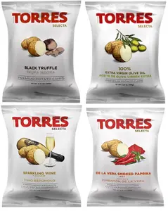 (Flavors of Spain) [4 PACK] Black Truffle, Extra Virgen Olive Oil, Sparkling Wine and De La Vera Paprika- Torres Spanish Potato Chips Patatas Fritas Variety Pack Made in Barcelona, Spain [ Black Truffle (40g), Olive Oil (40g), Wine (50g), Paprika (50g)]