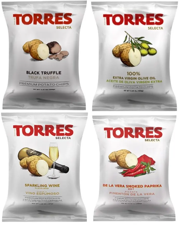 (Flavors of Spain) [4 PACK] Black Truffle, Extra Virgen Olive Oil, Sparkling Wine and De La Vera Paprika- Torres Spanish Potato Chips Patatas Fritas Variety Pack Made in Barcelona, Spain [ Black Truffle (40g), Olive Oil (40g), Wine (50g), Paprika (50g)]
