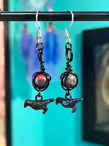 The Morrigan Goddess Earrings - Devotional Crystal & Charm Jewelry - Hypoallergenic Witchy Earrings with Bloodstone & Crow Charm for Adults