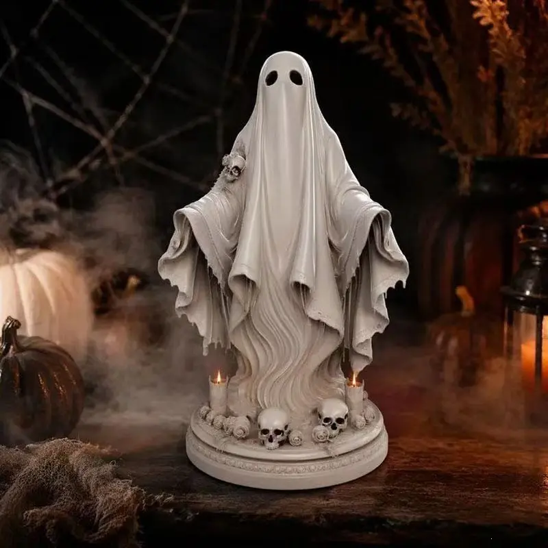Premium Resin Gothic Ghost Figurine, Floating Sheeted Spirit with Skulls & Candles, Halloween Tabletop Home , TikTok Must-Have  Sculpture garden decor supply statue