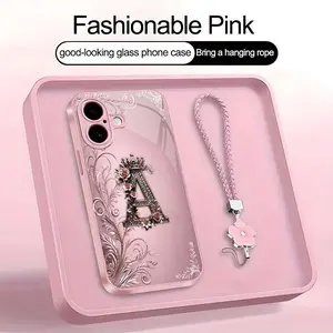 Crown Floral Art 26 letter Phone Case, Suitable for [iPhone 16] high-end women's, Lanyard a beautiful four-leaf clover lanyard is included🍀 952