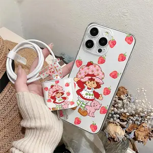 5 Piece Set Transparent Strawberry Sweetheart Doll Phone Case, Cellphone Charger Head Cover, Cable Protector, Storage Rope, Anti-Drop Durable Protective Tpu Case for iPhone Accessories, Tpu Cellphone Casing, Protection