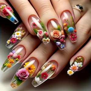 Mid-length translucent colorful flower 24-piece press-on nails
