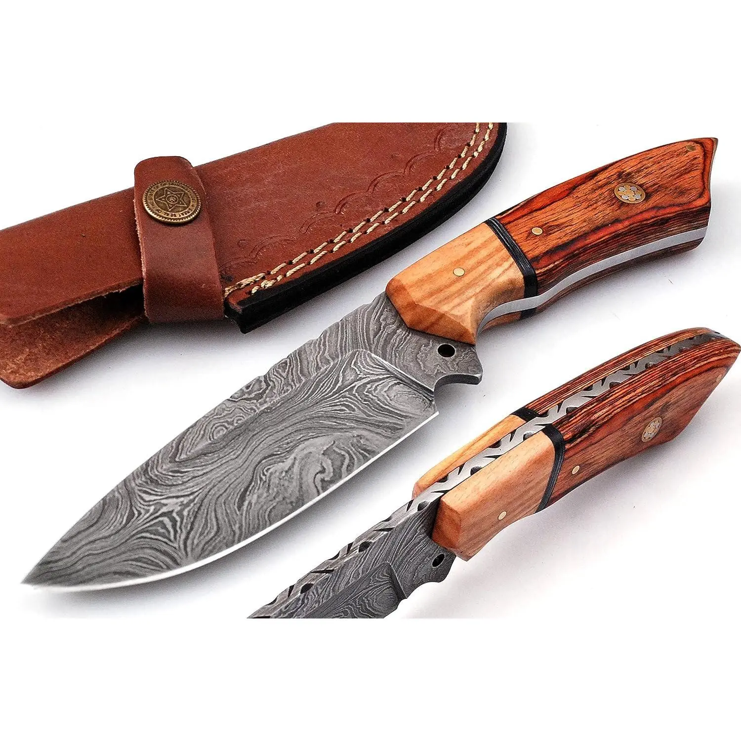 Damascus Knives for Hunting Skinning - Fixed Blade Hunting Knife with Sheath - Damascus Steel Knife with Wood Handle - 9 Inches Handmade Skinner Camping Knife.