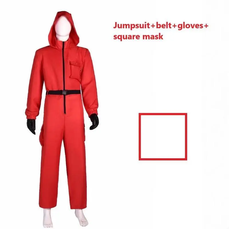 Halloween Calamari Game Guard Cosplay Costume Red Jumpsuit Outfit Adult KidsTeenagers Tracksuit Hooded Overall Gloves mask Set Halloween Calamari Game Guard Cosplay Costume Red Jumpsuit Outfit Adult KidsTeenagers Tracksuit Hooded Overall Gloves mask Set