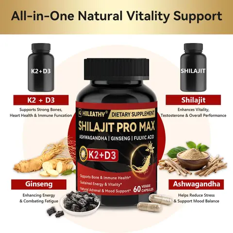 HIILEATHY Optimal Shilajit PRO MAX | K2+D3 | 60 Capsules Made in USA with Essential Minerals for Healthy Aging and Immune System Support