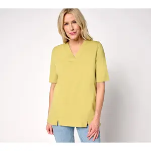 QVC Women's True Cotton V-Neck Denim & Co. Essentials Top with Slit Hem