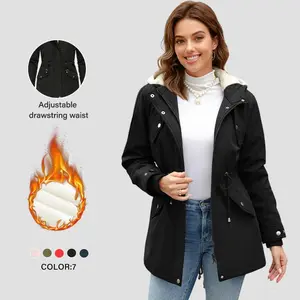 Women’s winter thickened hooded sherpa-lined military anorak jacket — warm short cotton coat in vintage military style; thick parka coat for women’s winter outfits