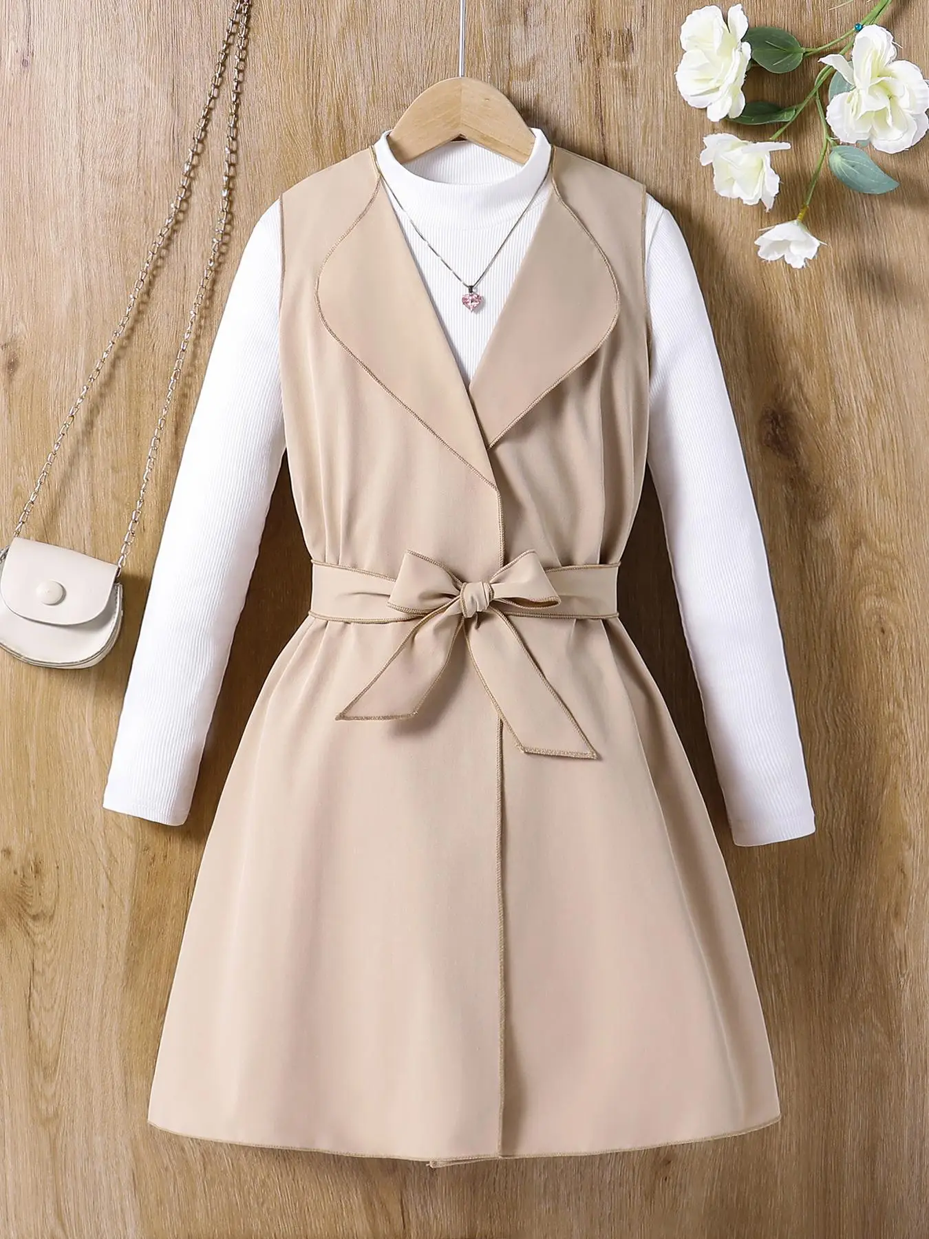 Girl's Solid Belted Collar Coat, Casual Sleeveless Midi Outerwear for Fall & Winter, Kids Clothes for Daily Wear
