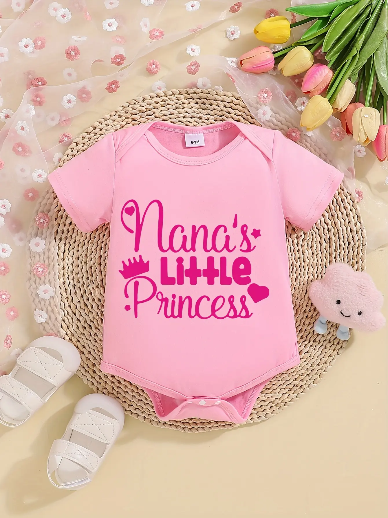 Baby Girls' "Nana's Little Princess" Short Sleeve Pink Bodysuit, Cute Crown & Hearts Newborn Romper