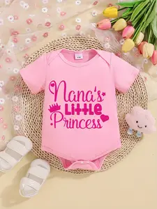 Baby Girls' "Nana's Little Princess" Short Sleeve Pink Bodysuit, Cute Crown & Hearts Newborn Romper