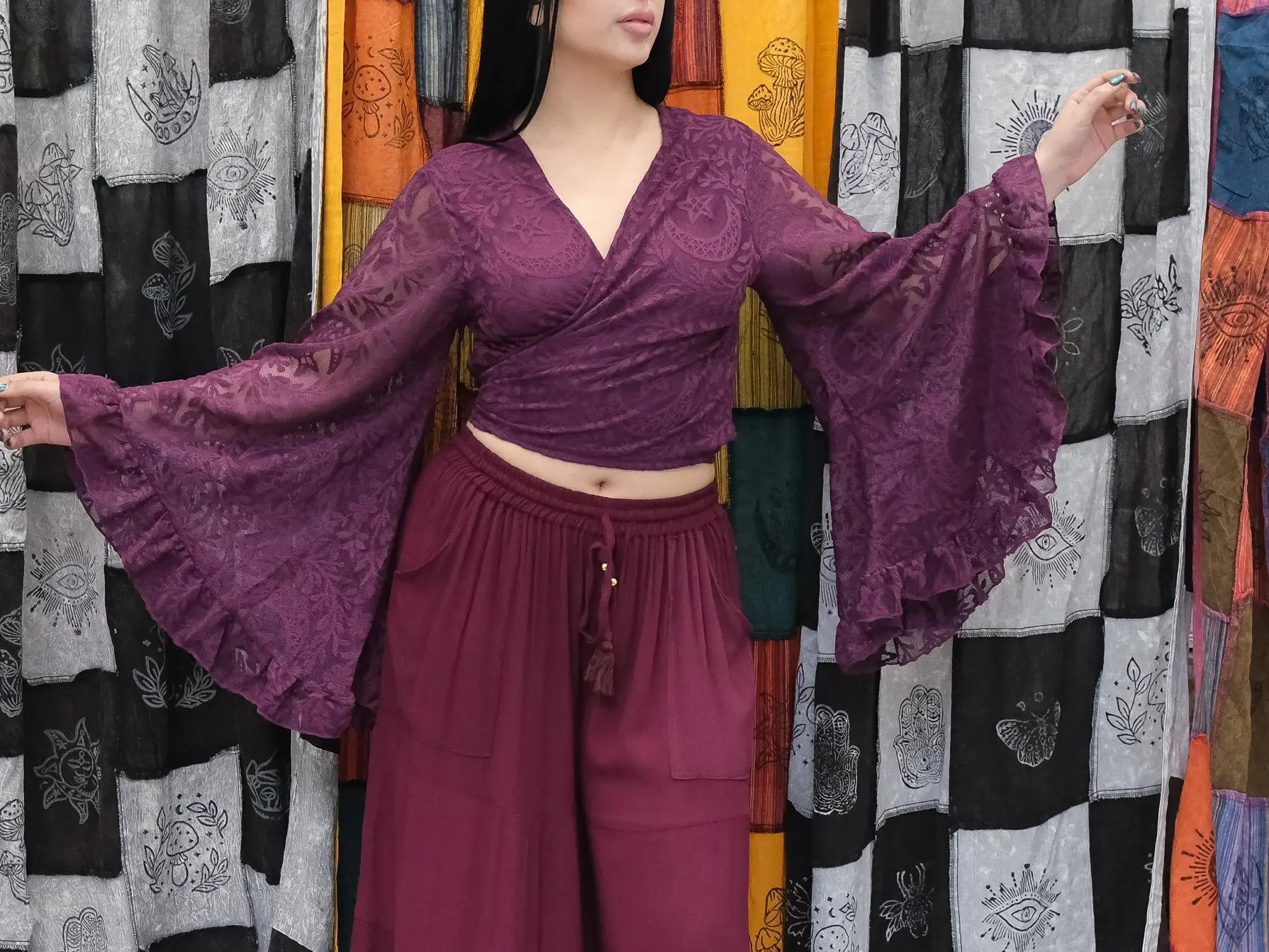 Sheer Celestial Lace Wrap Top Bell Sleeves, Fairy core Boho Blouse, Multi Way Ruffle Sleeve Top