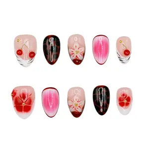 Cherry Blossom Mocha Aura Press On Nails Red Floral Jelly Gradient Brown Tortoise Nail Set Handmade Reusable Elegant Design