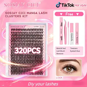 SOSIAY CICI 40D Manga Lash Extension Kit, 320PCS D Curl Thick Volume Clusters, Waterproof Bond&Seal Remover Tweezers Brush + Free Clear Glue Beginner Set