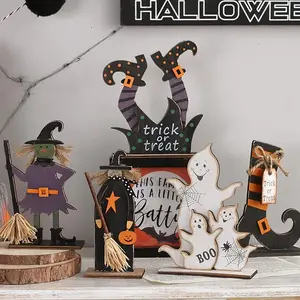 5-Piece Halloween Wooden Decorations: Tabletop Centerpiece Craft Decor Featuring Witch, Ghost, and Shoe Designs for Indoor Home Decor.