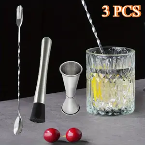3 Pcs Muddler for Cocktails Set - Bar Muddler Tool with Sturdy Head, Versatile Cocktail Spoon & Jigger, Easy to Use & Clean, Stylish Rust-Resistant Stirring Tool - Bar Tools for Drinks Mixing
