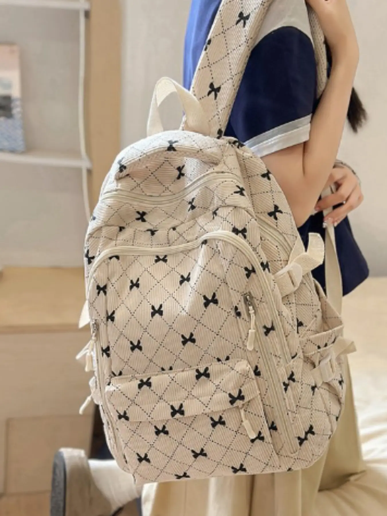 2026 New Cute Bow Backpack, Campus Style Sweet Simple Large Capacity Durable Student Bookbag, All Seasons Casual Flax Corduroy, Casual Printed Backpack, Casual Daypack Backpacks