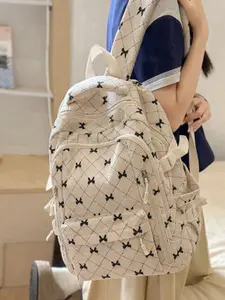 2026 New Cute Bow Backpack, Campus Style Sweet Simple Large Capacity Durable Student Bookbag, All Seasons Casual Flax Corduroy, Casual Printed Backpack