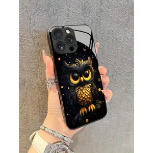Minimalist Creative Moon & Owl Pattern High Definition Tempered Glass Phone Case for iPhone17 to iPhone12 Pro Max Shock Absorbent Soft Touch Precise Cutouts Qi Compatible