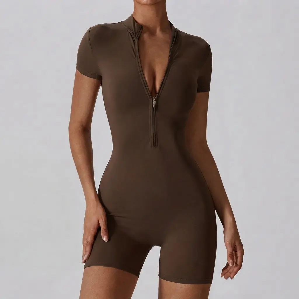 Sporty Women's Solid Color Zip Up Half Placket Mock Neck Sports Skinny Romper, Casual Quick Drying Short Sleeve Romper for Yoga Gym Workout Running, Sporty Comfy Romper, Workout Rompers, Yoga Workout Jumpsuits, Zipper Yoga Jumpsuit, Stretchy Sports Outfit