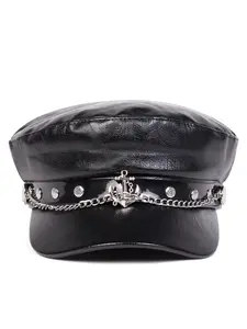 Unisex Anchor Chain PU Leather Navy Beret Hat, Adjustable Fitted Design, Casual Outdoor Sun Protection Cap for Spring & Fall Travel