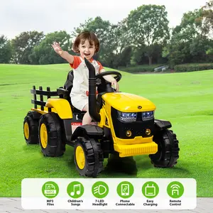 【Christmas Gift】Yellow 12V Kids Electric Ride On Tractor With Detachable Trailer Dual 35W Motors Led Lights Usb Music Remote Control Yellow