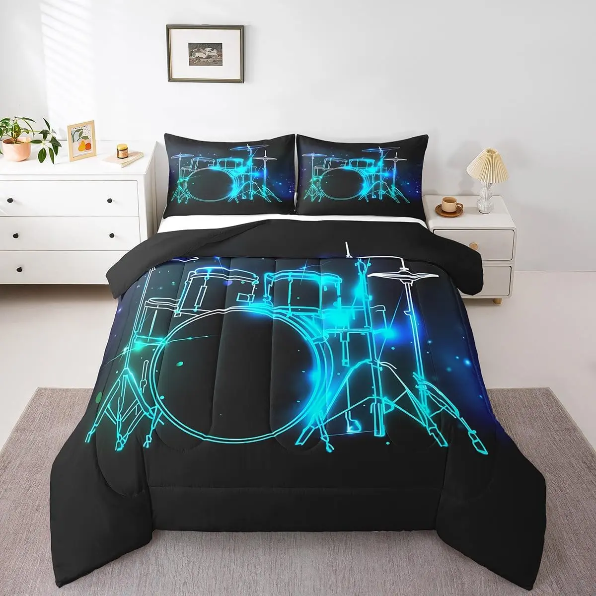 Feelyou Drum Kit Theme Microfiber Kids Bedding Set - Graphic Artistic Duvet, Abstract Musical Instrument Comforter, Modern Rock Teal Laser Light Pop Music Bed Quilt, Bedding Blanket - Low Roll Over, Easy to Carry for Dormitory, Guest Room