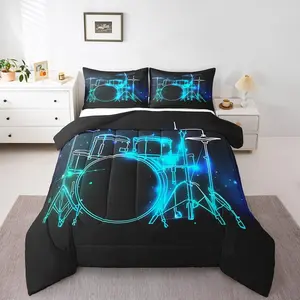 Feelyou Drum Kit Theme Microfiber Bedding Set, Abstract Musical Instruments Comforter Set for Boys, Modern Rock Teal Laser Light Pop Music Duvet Insert Bed Quilt