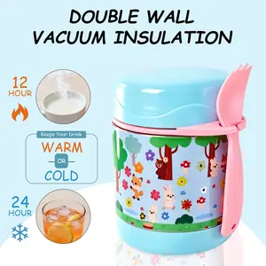 Kids Insulated Lunch Box, 3D Cartoon Food Jar - 304 Stainless Steel Vacuum Thermal Container - 10H Hot/16H Cold Leak-Proof Bento Box for School Kids & Toddlers with Spoon, Back to School Essentials