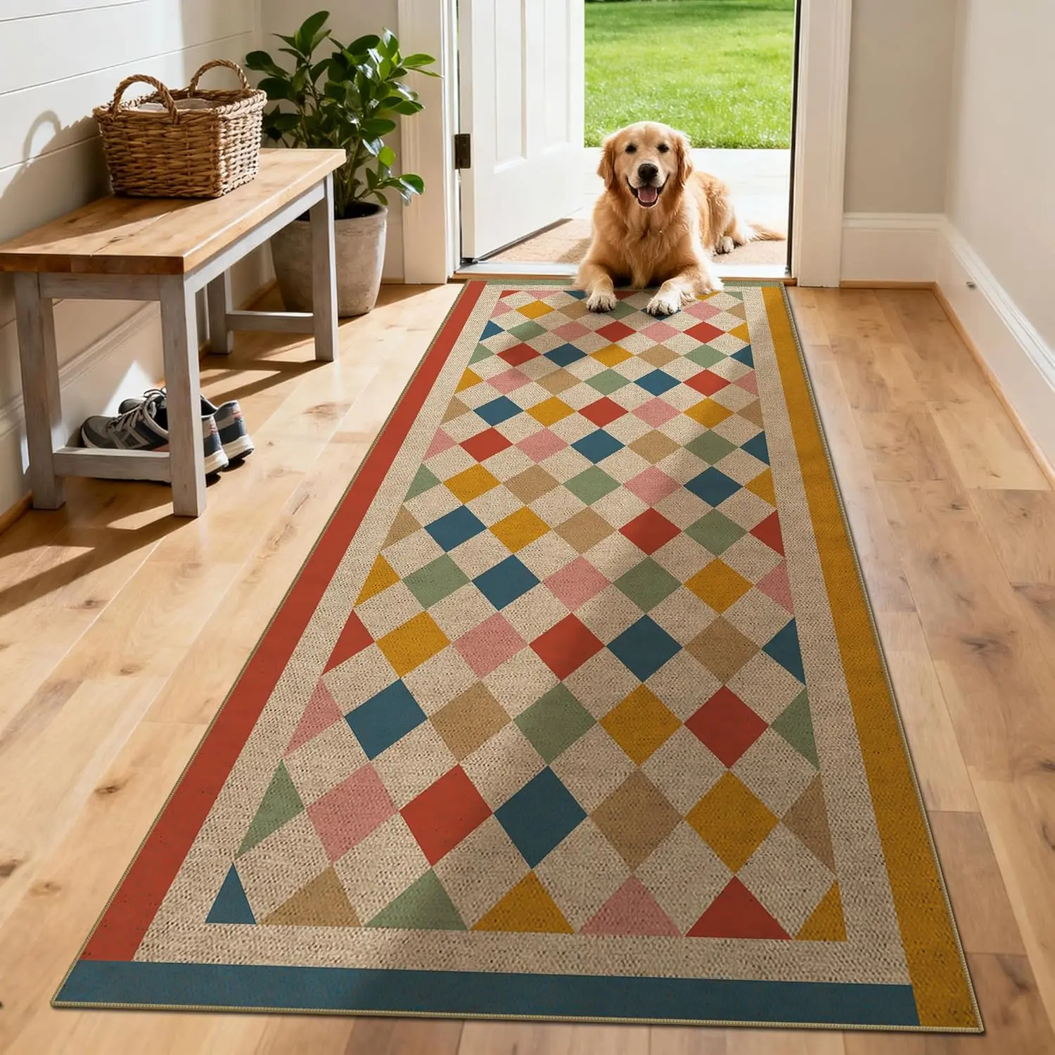 Washable Checkered Easy Jute Runner Rug 2x8, Colorful Checkerboard Geometric Modern Outdoor Indoor Patio Rug, 8ft Woven Non Slip Thin Neutral Runner Carpet for Hallway Kitchen Entryway Porch