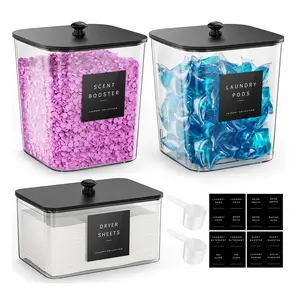 2+1 Pack Laundry Pods Container, Clear Laundry Room Organization Containers, Large Laundry Detergent Powder Storage Containers with Black Lids & Labels, Laundry Pods Holder for Scent Booster